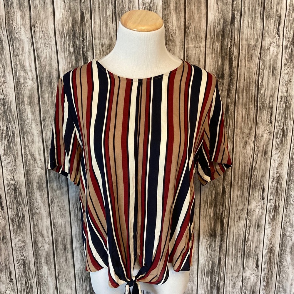Tie Front Button Back Striped Short Sleeve Blouse medium